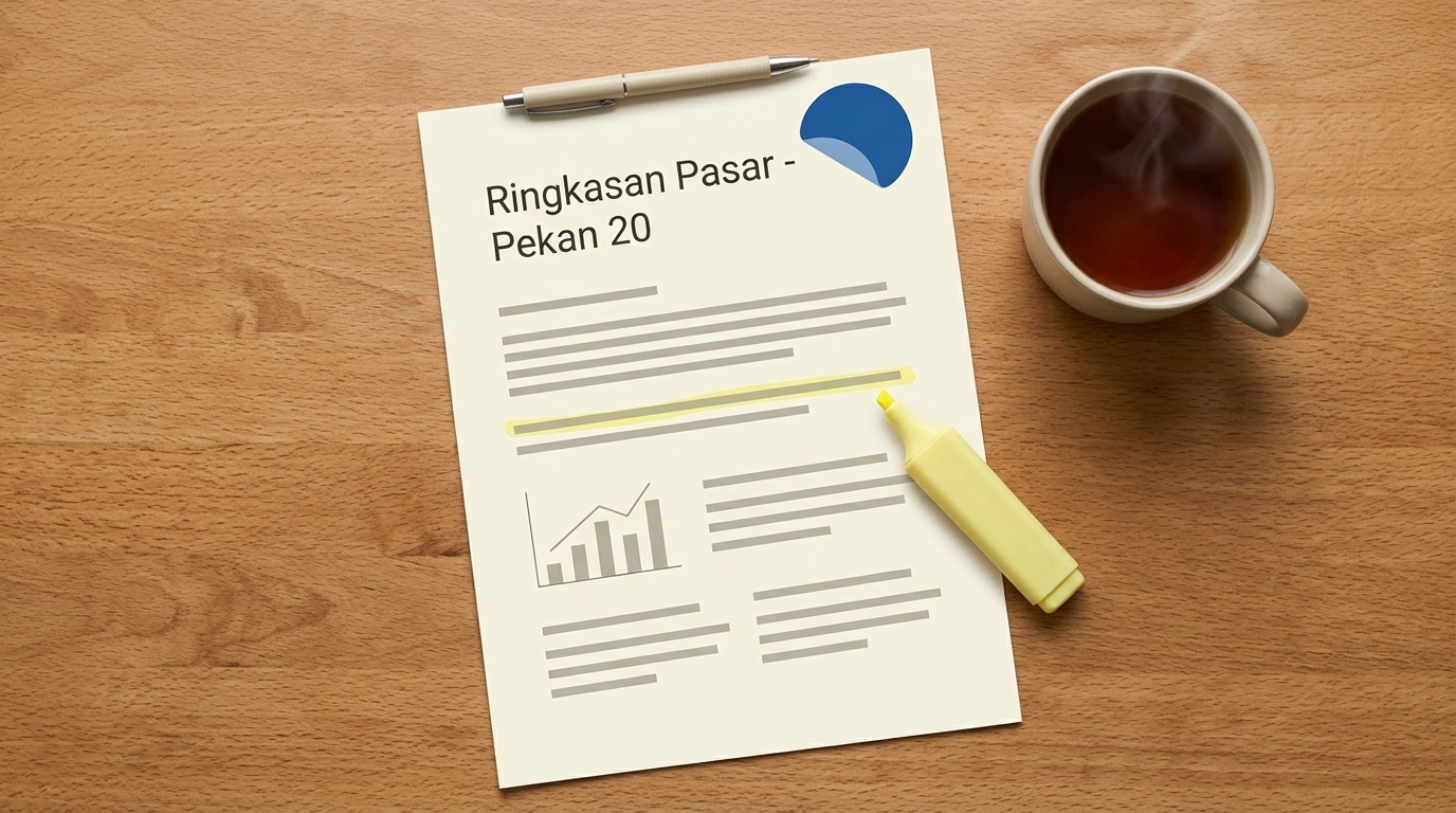 Ilustrasi laporan ringkas pasar mingguan dengan stiker indikator Bursa Efek Indonesia